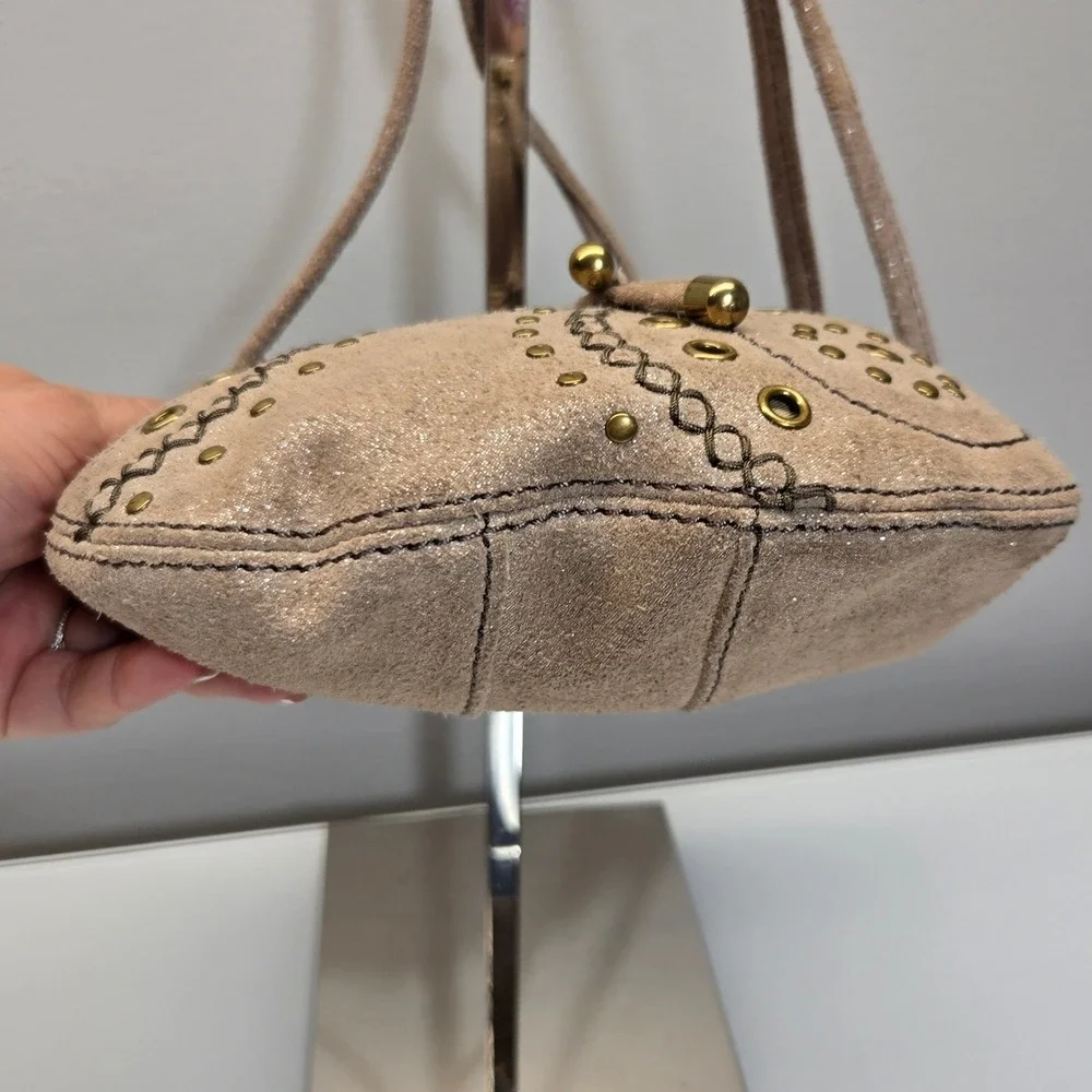 Fossil Small Leather Crossbody Bucket Bag Metallic Shimmer Suede Studded Western